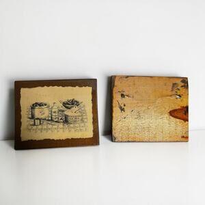 Set of 2 Vintage Country Kitchen Etching Prints on Wood | Farmhouse